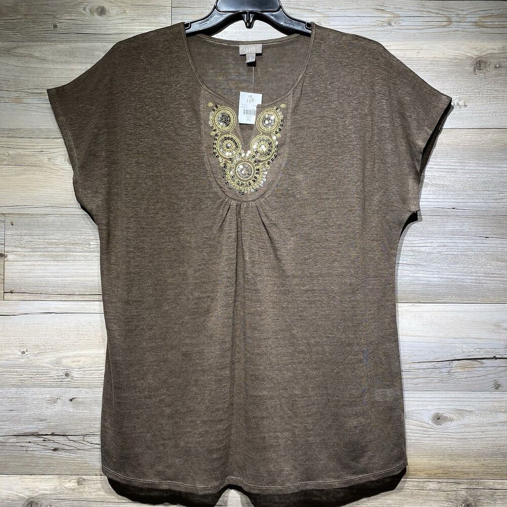 J Jill Linen Knit Top Cap Dolman Sleeve Sequin Embroidered Boho Brown Size XL